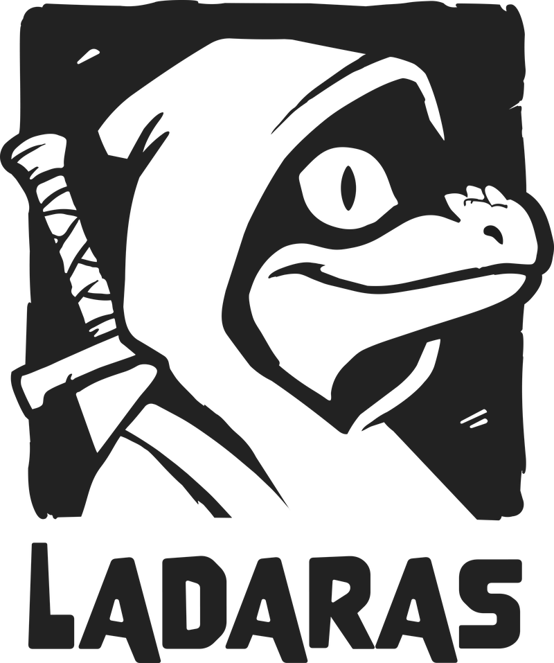 Ladaras Studio logo: a hooded lizard swordsman in a brush-drawn ink square